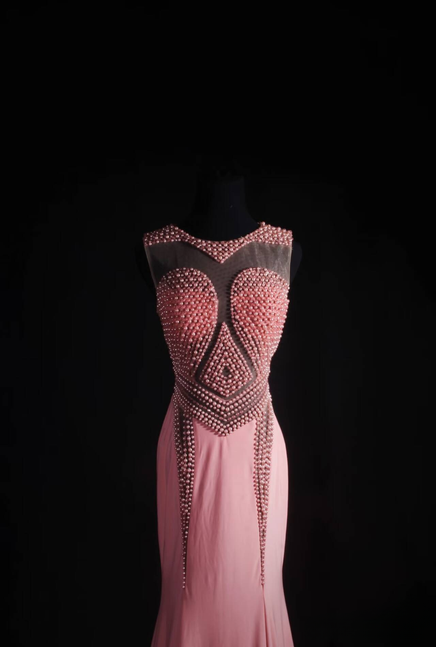 Vintage Meerjungfrau U-Ausschnitt Rosa Chiffon Perlen Lange Ballkleider Partykleid Prinzessin Graduation Outfits Für Frauen AU547