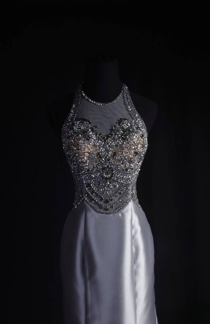 Vintage Mermaid Scoop Neck Gray Silver Beads Long Prom Dresses Party Dress Princess Graduation Outfits For Women AU548