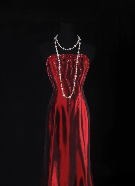 Klassische Meerjungfrau Trägerlose Perlen Rot Satin Langes Abendkleid Inspiration Party Senior Dance Graduation Kleider AU553