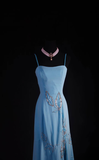 Robe de bal longue en mousseline de soie, style sirène vintage, bretelles spaghetti, perles bleues, tenue de soirée princesse pour femme, AU555