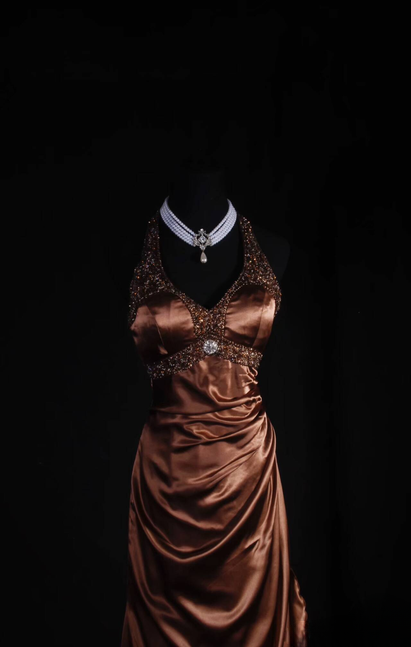 Vintage Prom Dresses 90s A Line Halter Brown Beads Satin Long Party Dress Inspiration Senior Dance Graduation Dresses AU561