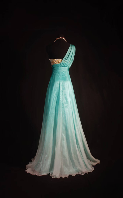 Retro A Line One Shoulder Chiffon Gold Beads Long Prom Dresses Party Dress Graduation Outfits For Women AU593