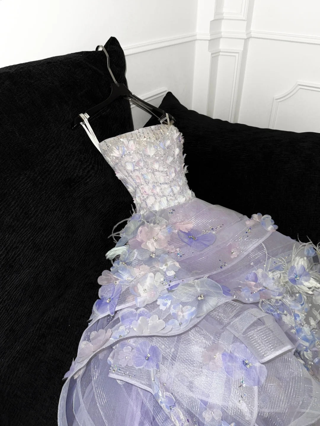 Robe de bal modeste, bustier, en tulle lilas fleuri, robe de soirée longue, modèle AU612