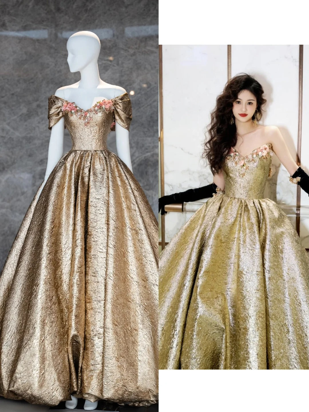 Robe de bal unique à épaules dénudées en satin doré, robe de soirée longue, tenue d'anniversaire, robe de remise de diplôme, AU737
