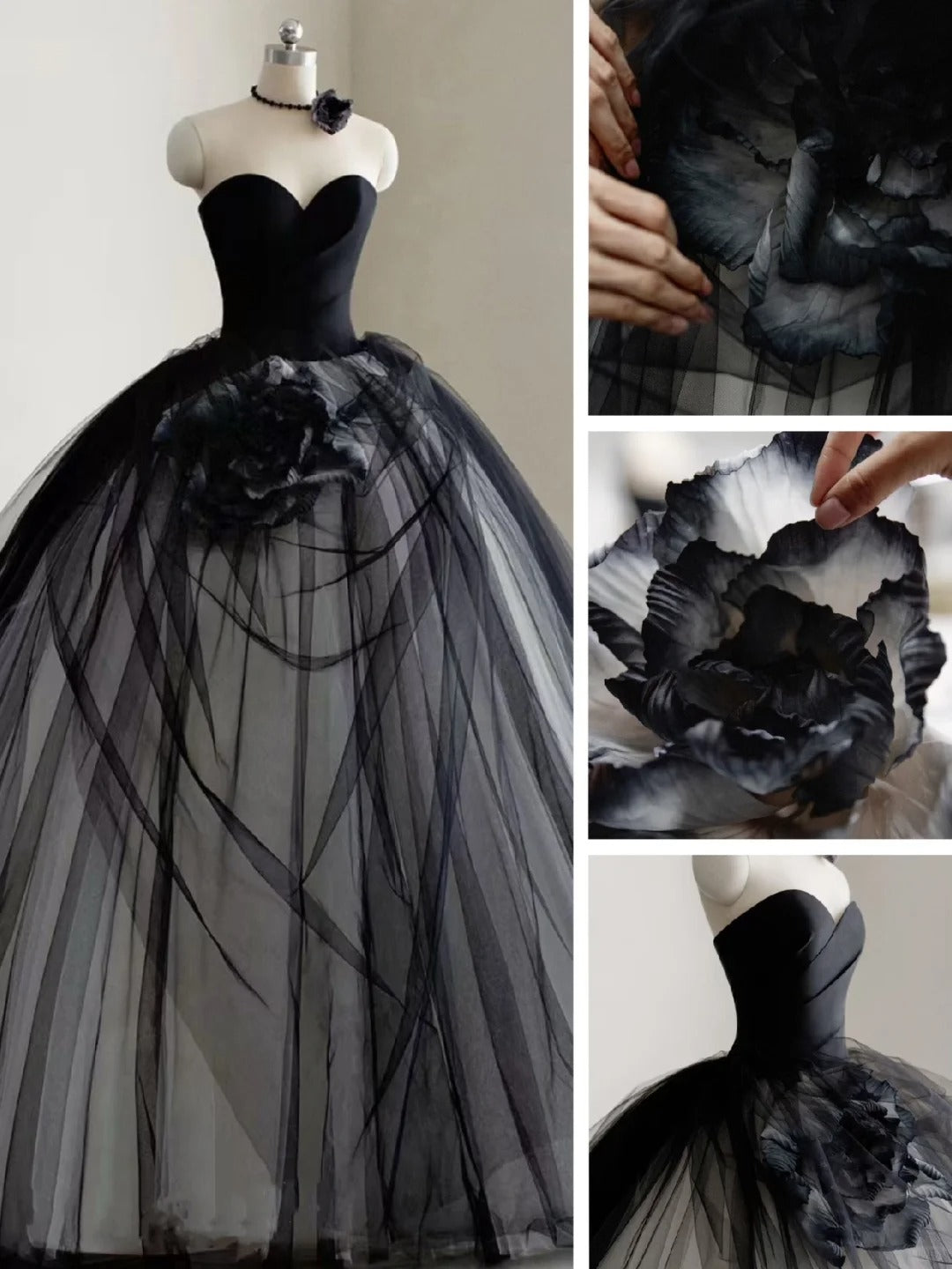 Robe de Quinceanera mignonne, robe de bal, décolleté en cœur, noire, pour anniversaire, robe de soirée formelle, longue, pour 16 ans, AU776