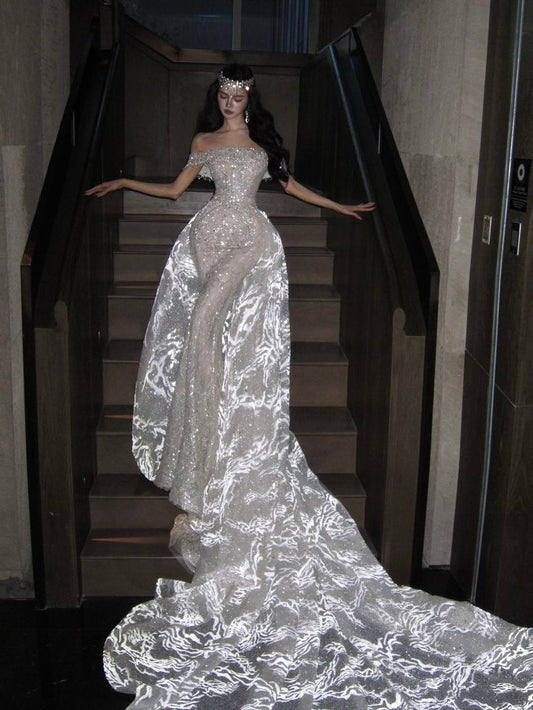 Dreamy Mermaid Off The Shoulder Sequin Long Wedding Dress Fairy Formal Short Sleeves Wedding Dresses B08