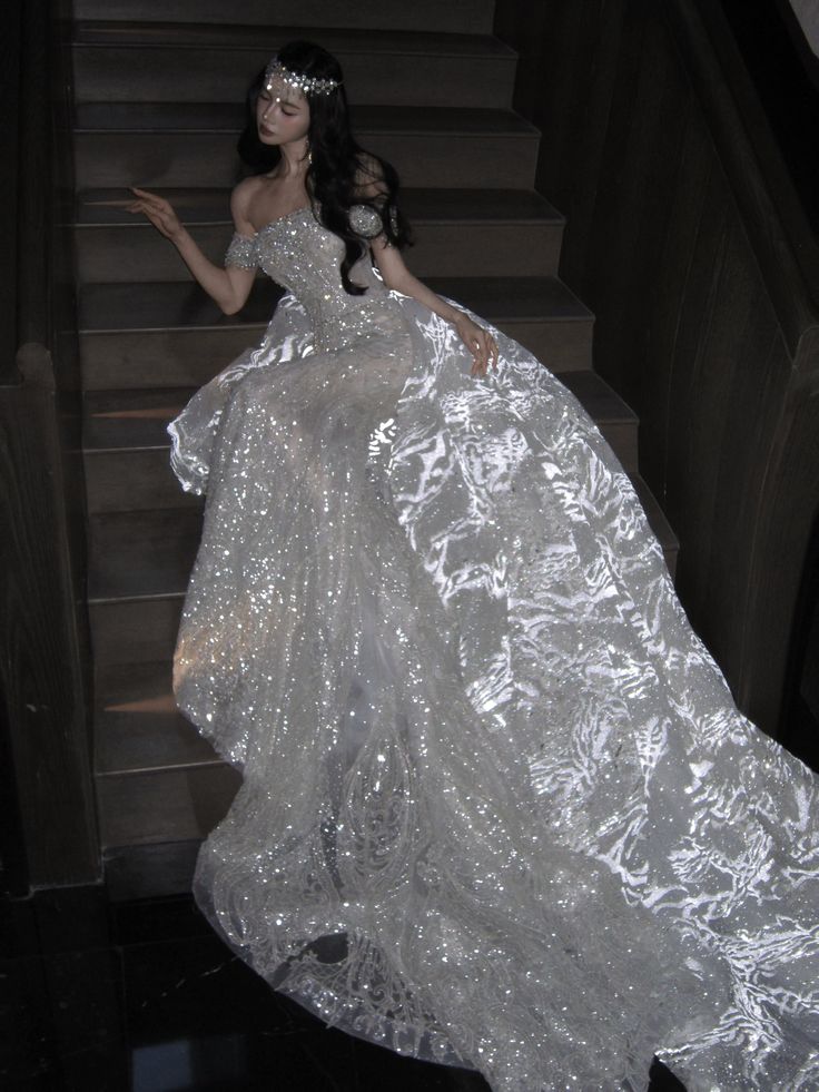 Dreamy Mermaid Off The Shoulder Sequin Long Wedding Dress Fairy Formal Short Sleeves Wedding Dresses B08