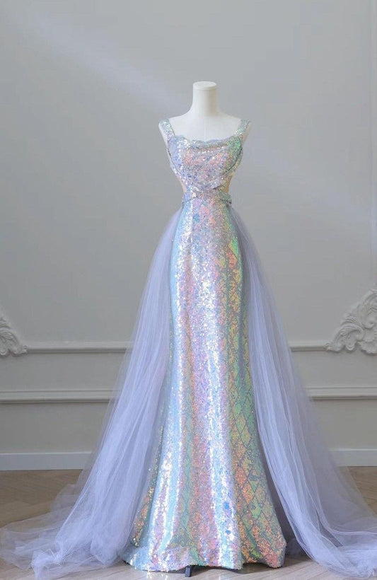 Elegant Mermaid Square Neck Lilac Sequin Long Floor Length Prom Dress Inspiration Prom Dresses B100
