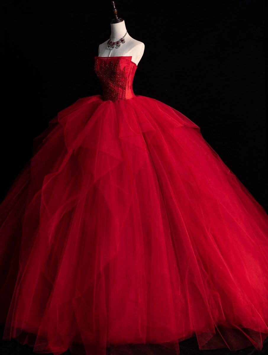 Nettes trägerloses Ballkleid aus rotem Tüll, langes Quinceanera-Kleid, wunderschöne Quinceanera-Kleider, süßes 15. 16. Kleid B104