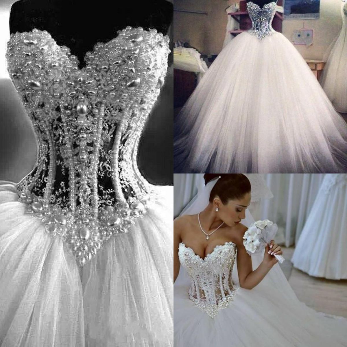 Elegant Ball Gown Sweetheart Long Tulle White Silver Beads Wedding Dress Fairy Formal Wedding Dresses B111