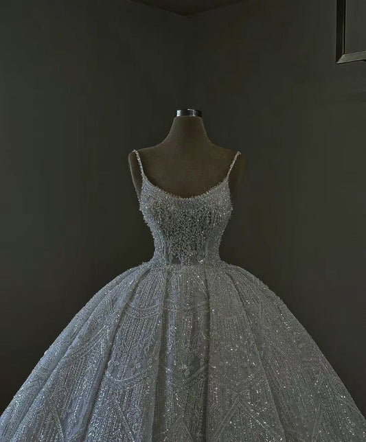 Dreamy Ball Gown Spaghetti Straps Long Sequin White Beads Wedding Dress Fairy Formal Wedding Dresses B123