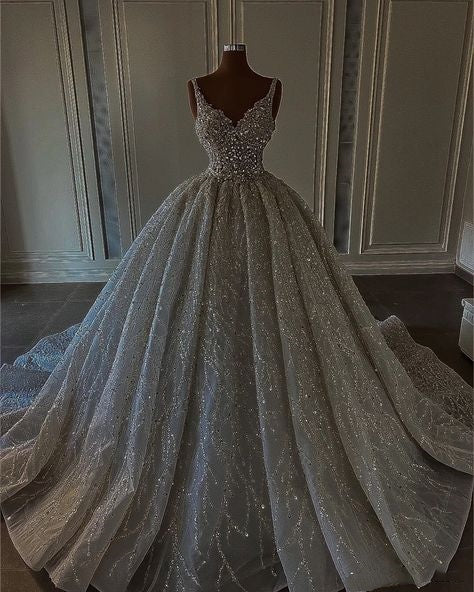 Romantic Ball Gown V Neck White Sequin Long Wedding Dress Fairy Formal Brides Gown Wedding Dresses B139