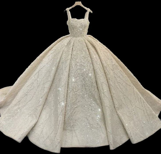 Dreamy Ball Gown Square Neck White Sequins Crystal Long Sparkly Wedding Dress Fairy Formal Wedding Dresses B163