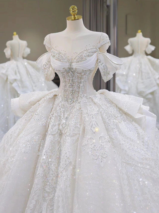 Princess Ball Gown Off The Shoulder Short Sleeves Long Lace Crystal White Wedding Dress Dream Formal Wedding Dresses B166