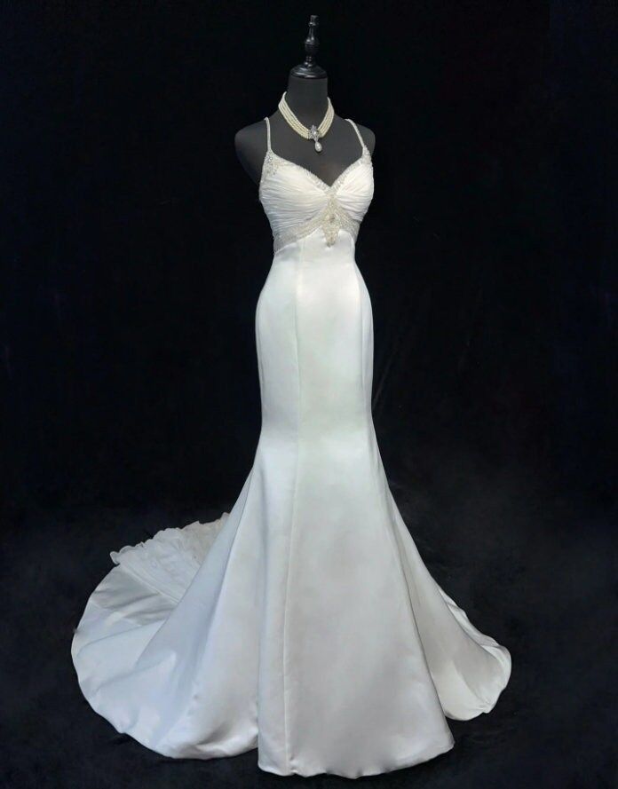 Robe de mariée sirène vintage en satin blanc, col licou, style conte de fées, robe de mariée civile B185