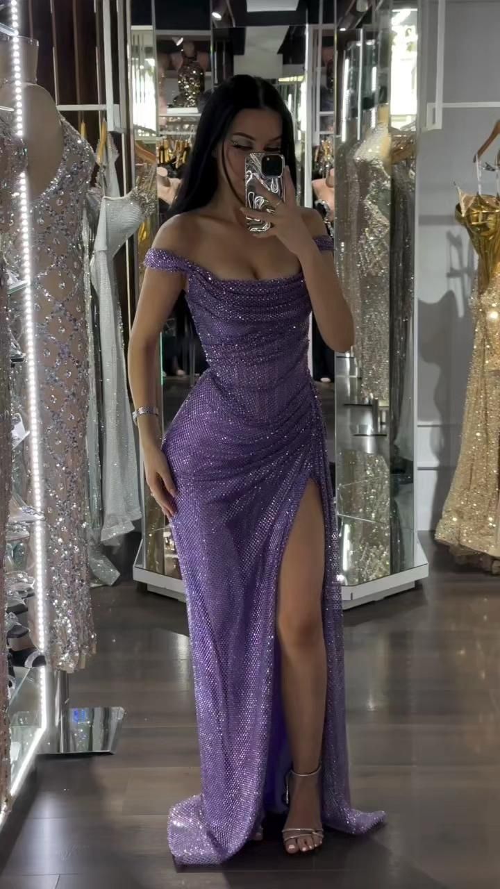 Robe de bal élégante sirène à épaules dénudées, lilas, paillettes scintillantes, longue au sol, inspiration robes de bal, robe de remise de diplôme B209