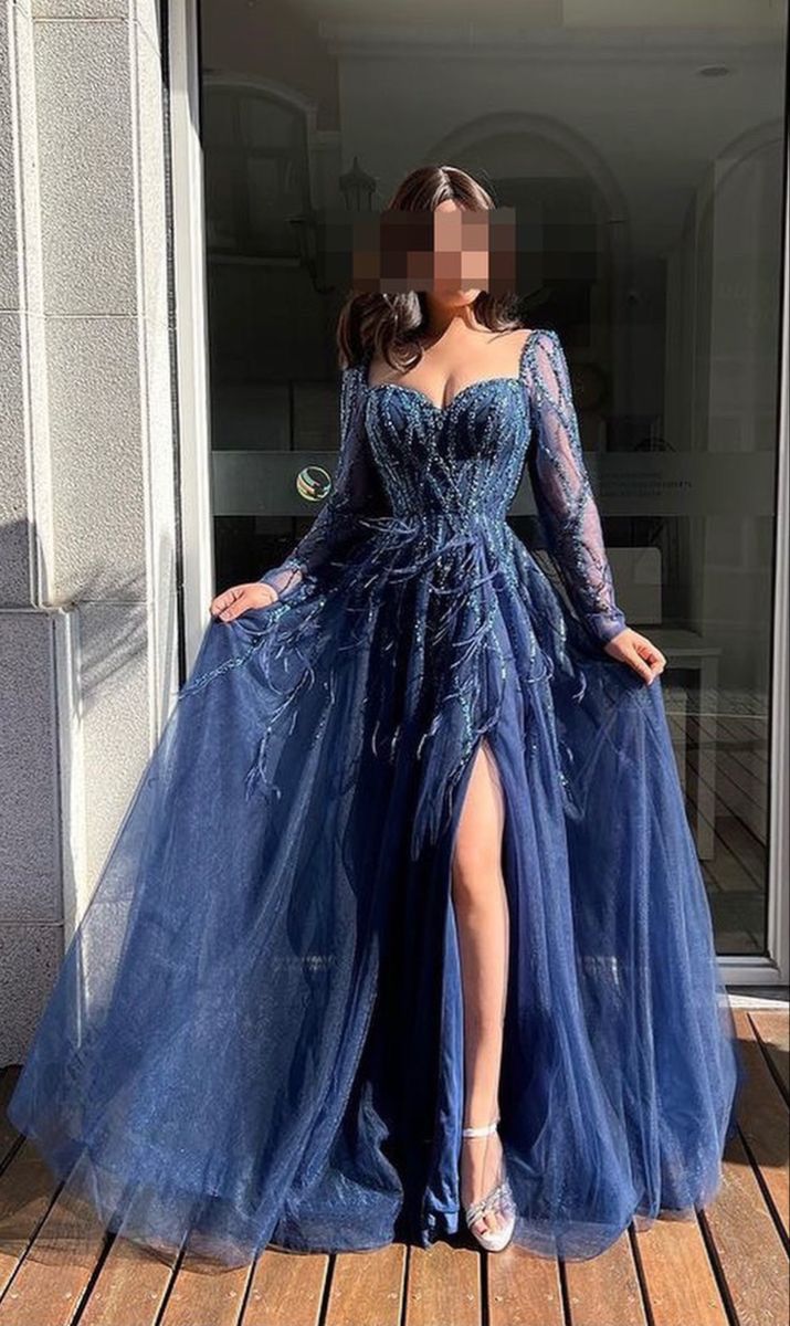 Elegantes A-Linie Herzausschnitt Lange Ärmel Tüll Marineblau Schlitz Langes bodenlanges Ballkleid Inspiration Ballkleider Abschlusskleid B214