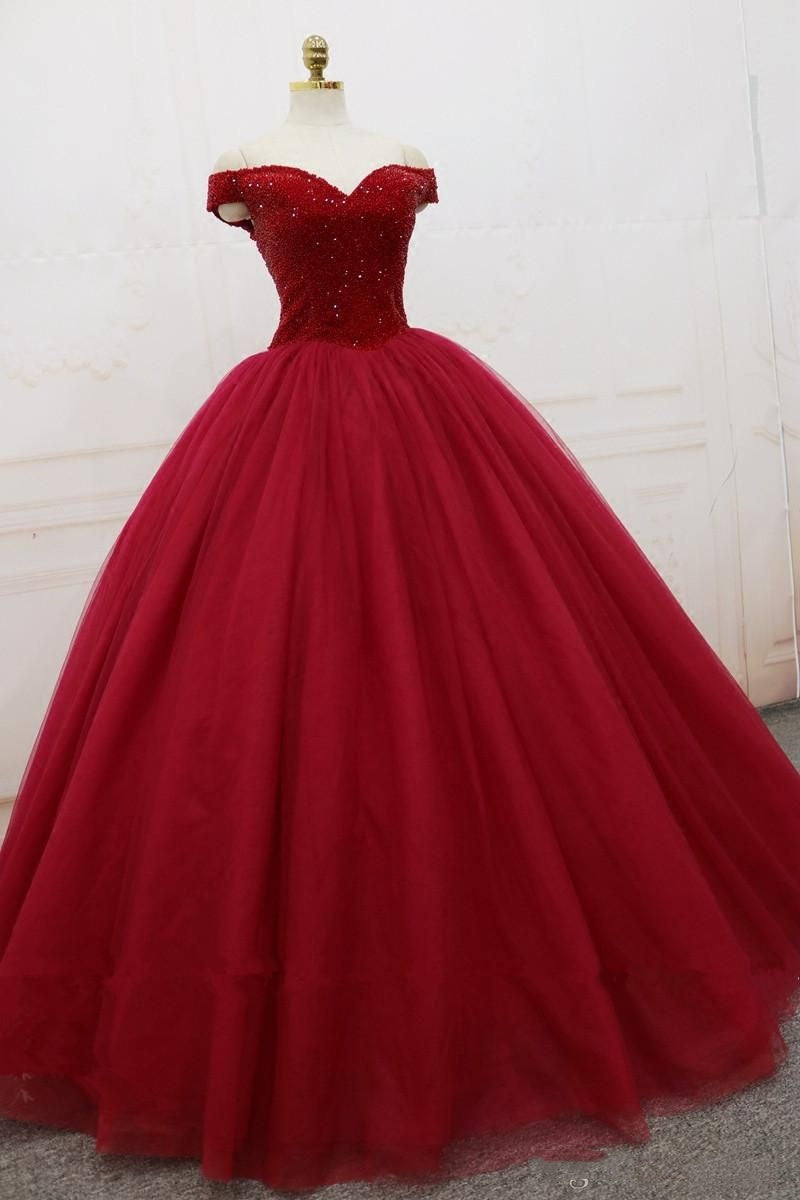 Ball Gown Off The Shoulder Tulle Red Short Sleeves Long Quinceanera Dresses Sexy Quinceanera Gowns B231