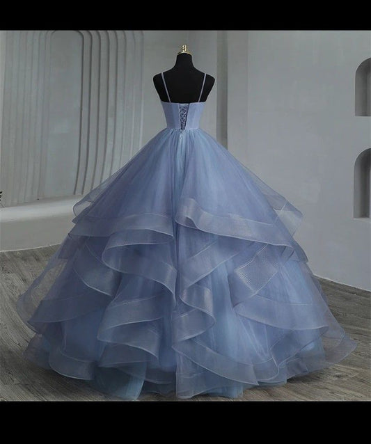Aesthetic Ball Gown Spaghetti Straps Blue Tulle Long Quinceanera Dress 2000s Quinceanera Dresses Sweet 15 16 Dress B238