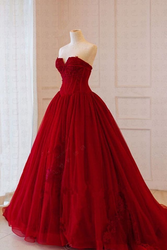 Robe de bal modeste sans bretelles en tulle rouge, inspiration tendance, robe de bal princesse formelle B246