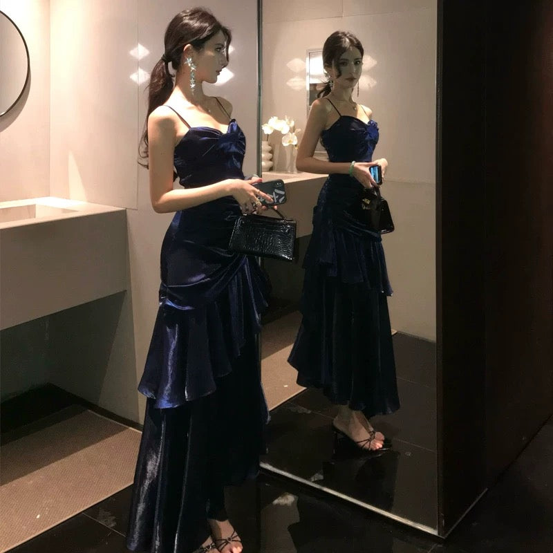 Vintage Navy Blue Exquisite Long Satin Mermaid Evening Dress Prom Dress Princess Formal Dress N780