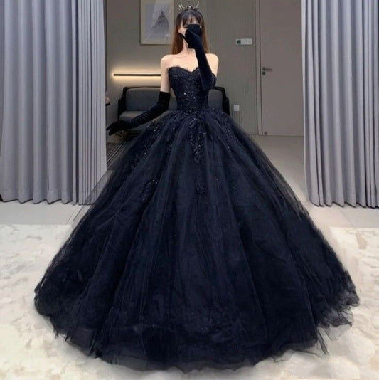 Modest Ball Gown Sweetheart Black Tulle Long Quinceanera Dresses Sexy Quinceanera Gowns Sweet 16 Dress B249