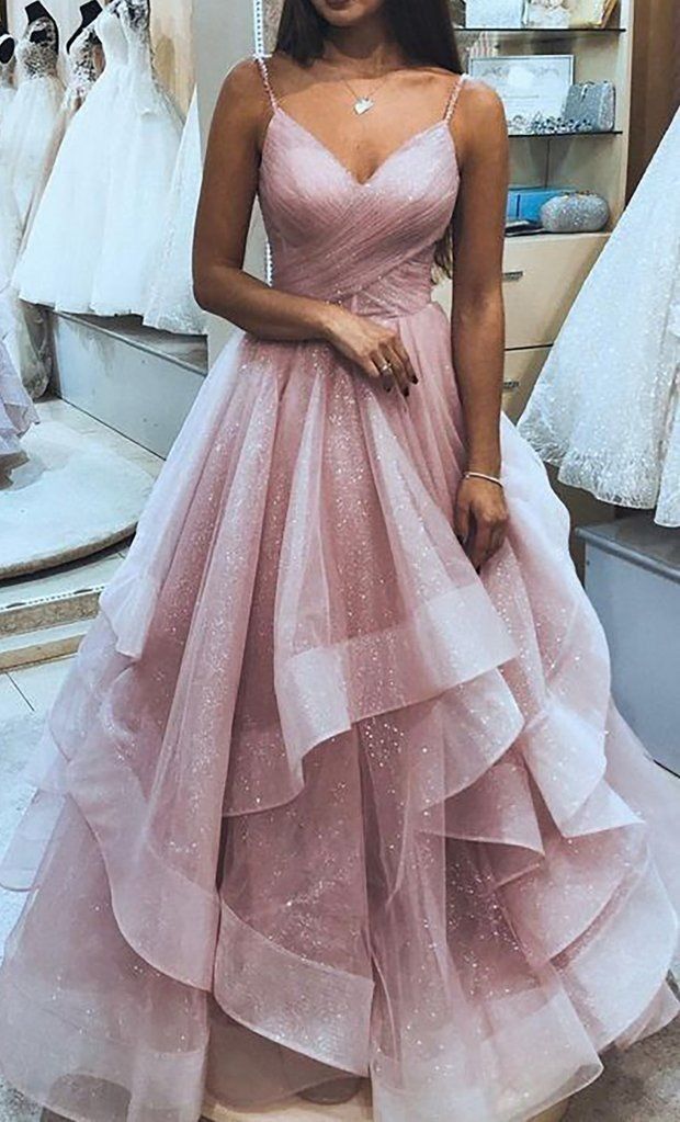 Robe de bal modeste à bretelles spaghetti et paillettes roses, robe de bal longue, inspiration scintillante, robe de soirée formelle B277