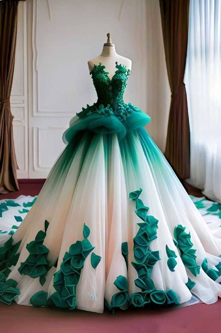 Sweet Strapless Ball Gown Sweetheart Floral Lace Long Quinceanera Dress Gorgeous Green Prom Dresses Sweet 15 16 Dress B291