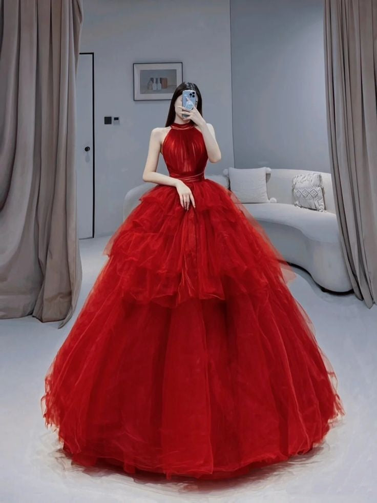 Rot Quinceanera Kleider Ballkleid High Neck Tüll Geburtstag Prom Kleider Vestidos De 15 Anos Formale Partei Lange Süße 15 16 kleid B317