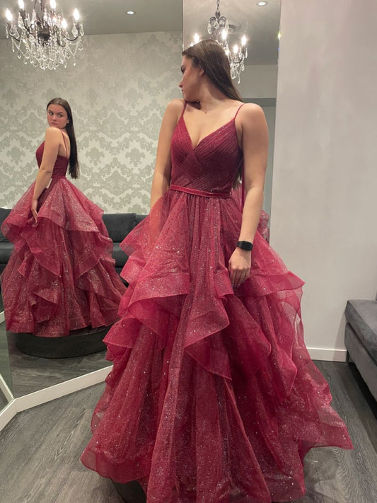 Elegant Ball Gown Spaghetti Straps Burgundy Long Prom Dresses Inspiration Trending Evening Gowns Formal Prom Dress B331