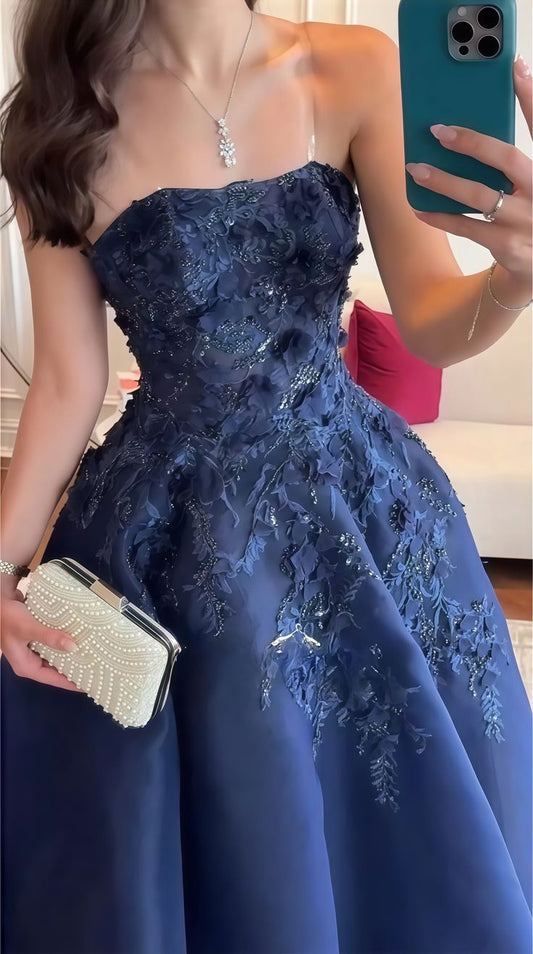 Elegant Ball Gown Strapless Navy Blue Lace Tulle Long Prom Dresses Inspiration Trending Evening Gowns Formal Prom Dress B340