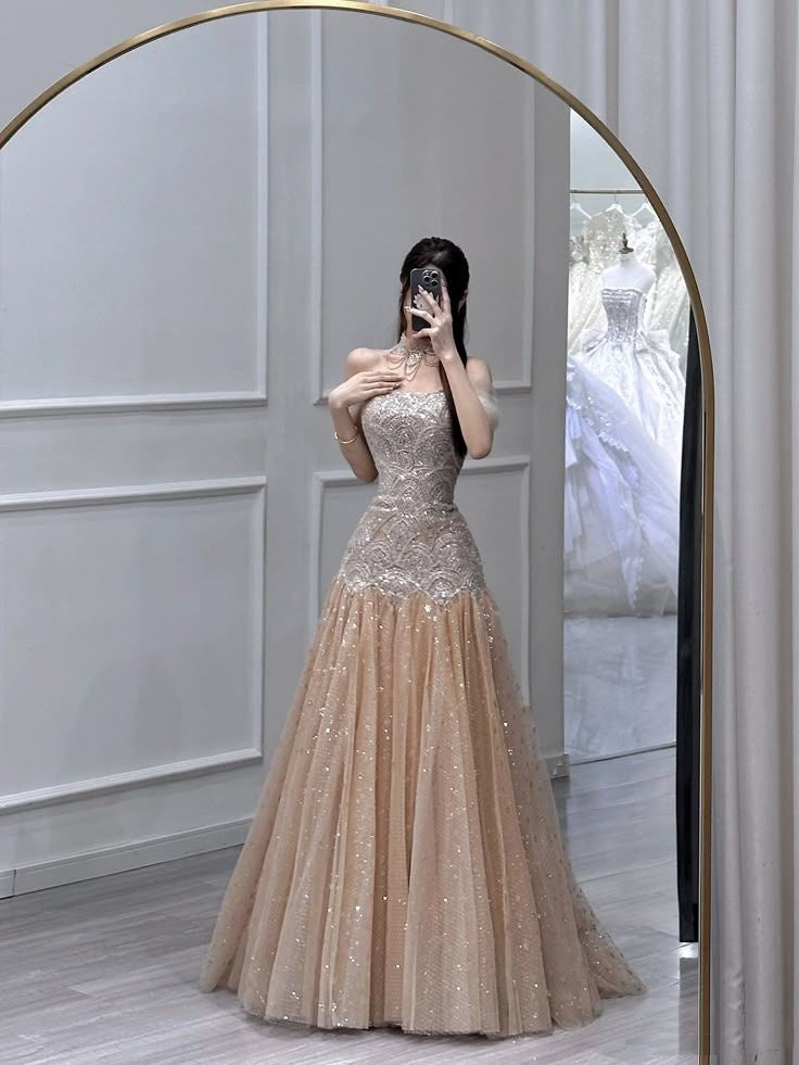 Elegant Mermaid Off The Shoulder Champagne Tulle Long Prom Dresses Inspiration Trending Evening Gowns Formal Prom Dress B347
