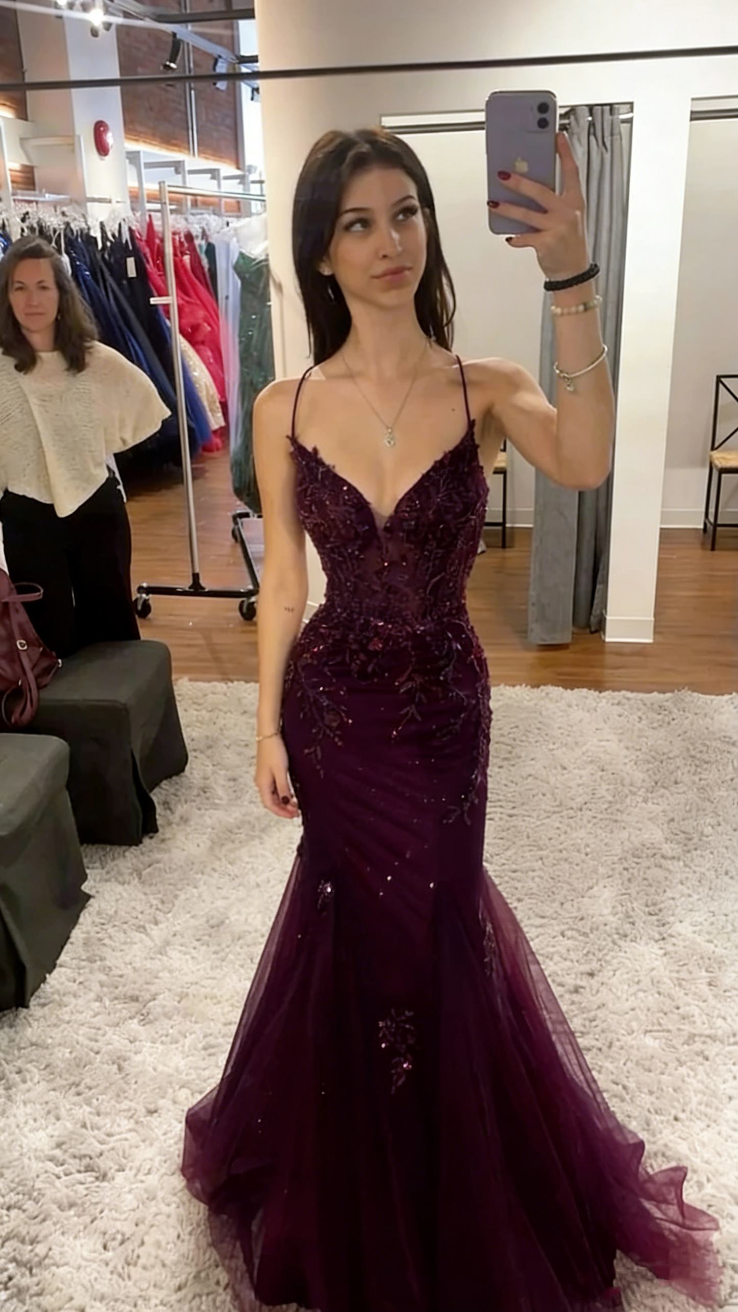 Sexy Meerjungfrau Spaghettiträger Burgunder Spitze Tüll Ballkleider Inspiration Ballkleid Prinzessin Abschlussballkleid B355