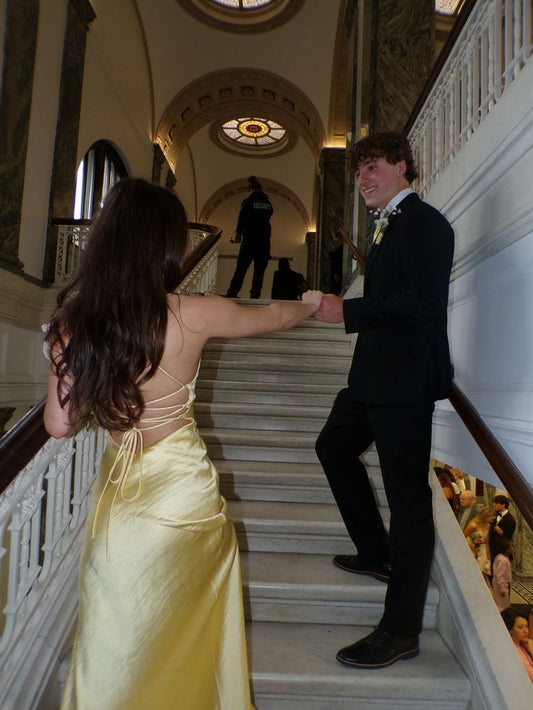 Stunning A line Spaghetti Straps Yellow Satin Prom Dresses 2026 Inspiration Prom Dress Princess Graduation Dress B396