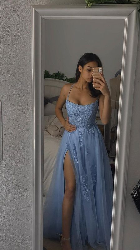 Stunning A Line Spaghetti Straps Tulle Light Sky Blue Prom Dresses 2026 Lace Prom Dress Princess Graduation Dress B402