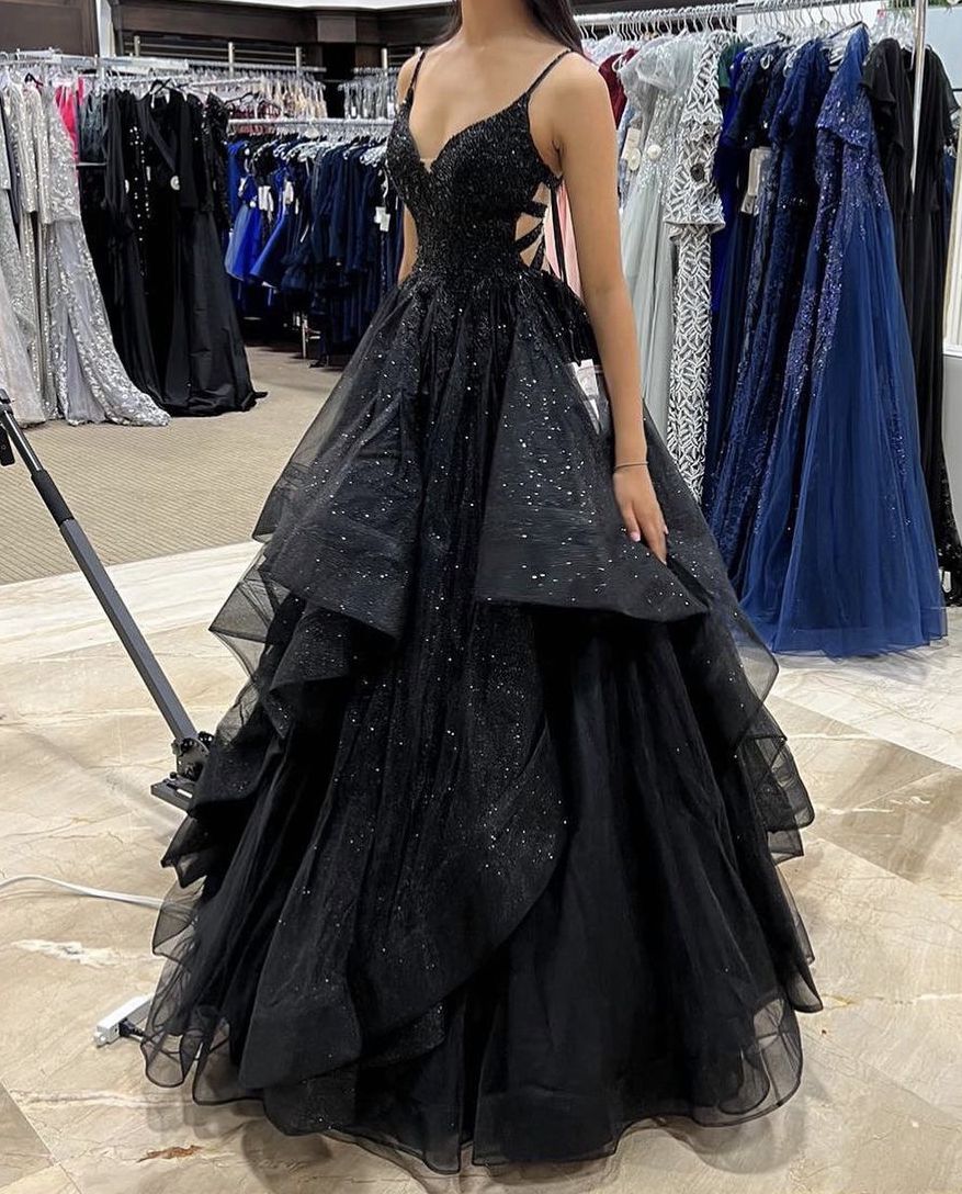 Atemberaubendes Ballkleid Spaghettiträger Tüll Schwarz Ärmellos Ballkleider Partykleid Prinzessin Abschlusskleid B412