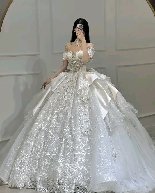 Dreamy Ball Gown Off The Shoulder Tulle Sequins Lace Long Wedding Dress Fairy Formal Short Sleeves Wedding Dresses B42