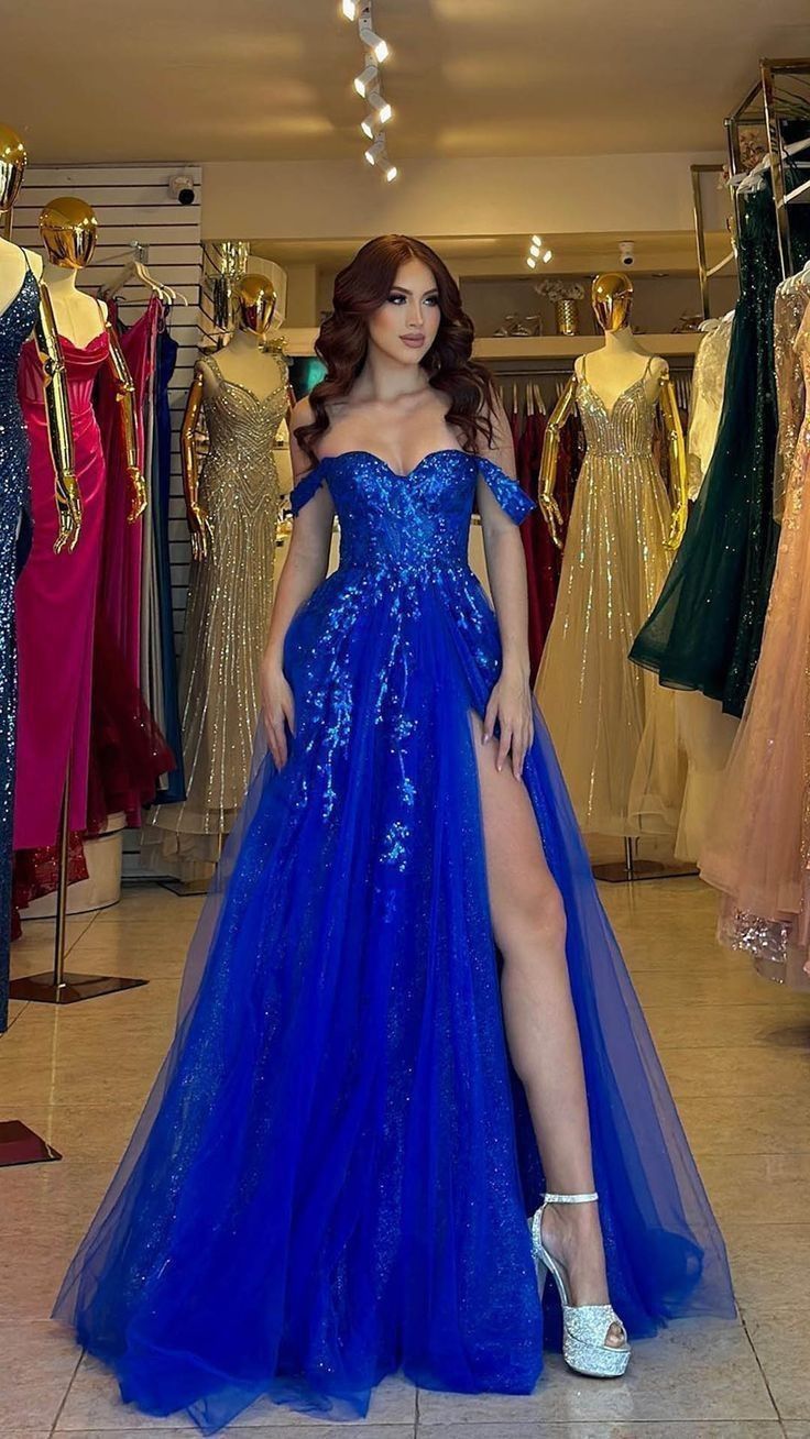 Charmante robe de bal à épaules dénudées, bleu roi, en tulle et dentelle, fendue, robe de soirée, robe de princesse, robe de remise de diplôme, B471