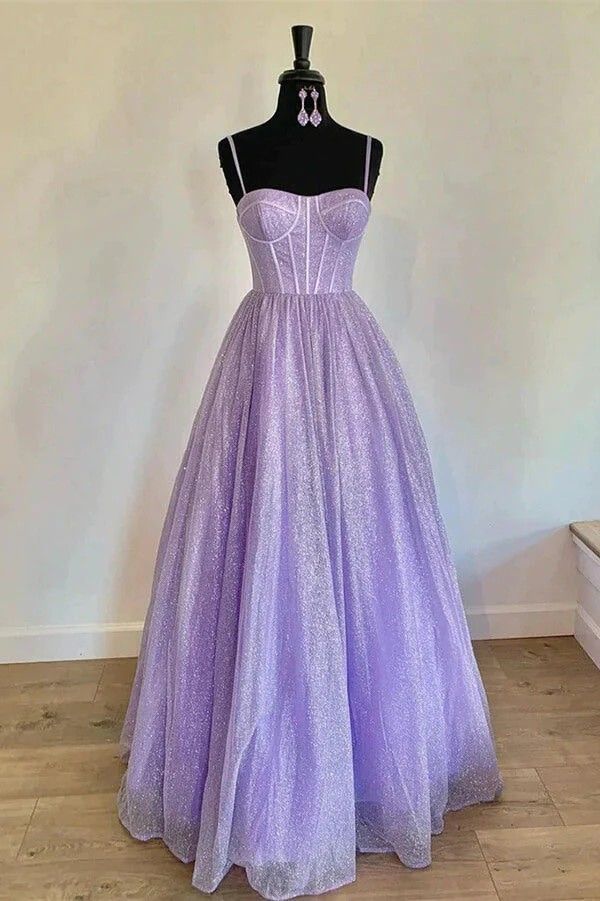 Robe de bal élégante à bretelles spaghetti en tulle lilas sans manches, longue robe de bal, idées d'inspiration, robes de bal, robe de soirée B553