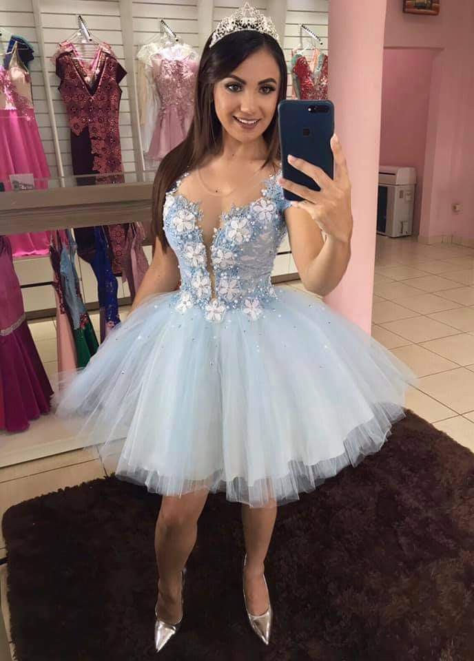 Romantic Ball Gown Scoop Light Sky Blue Lace Short 16th Birthday Dress Homecoming Dresses Cocktail Gown B575