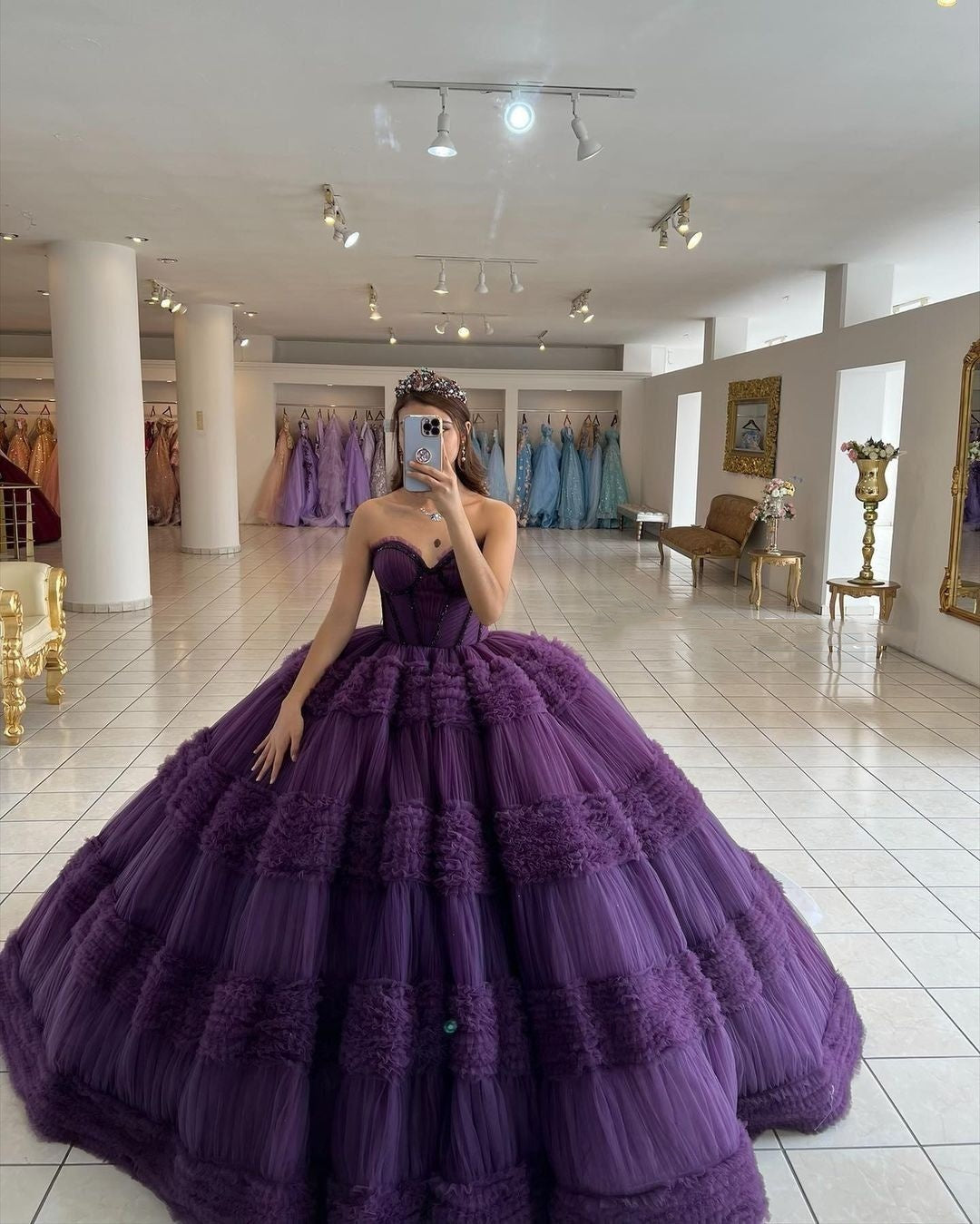 Bescheidene Quinceanera-Kleider Ballkleid Schatz Lange Lila Tüll Geburtstagskleider Vestidos De 15 Anos Formale Party Langes Sweet 16 Kleid B583