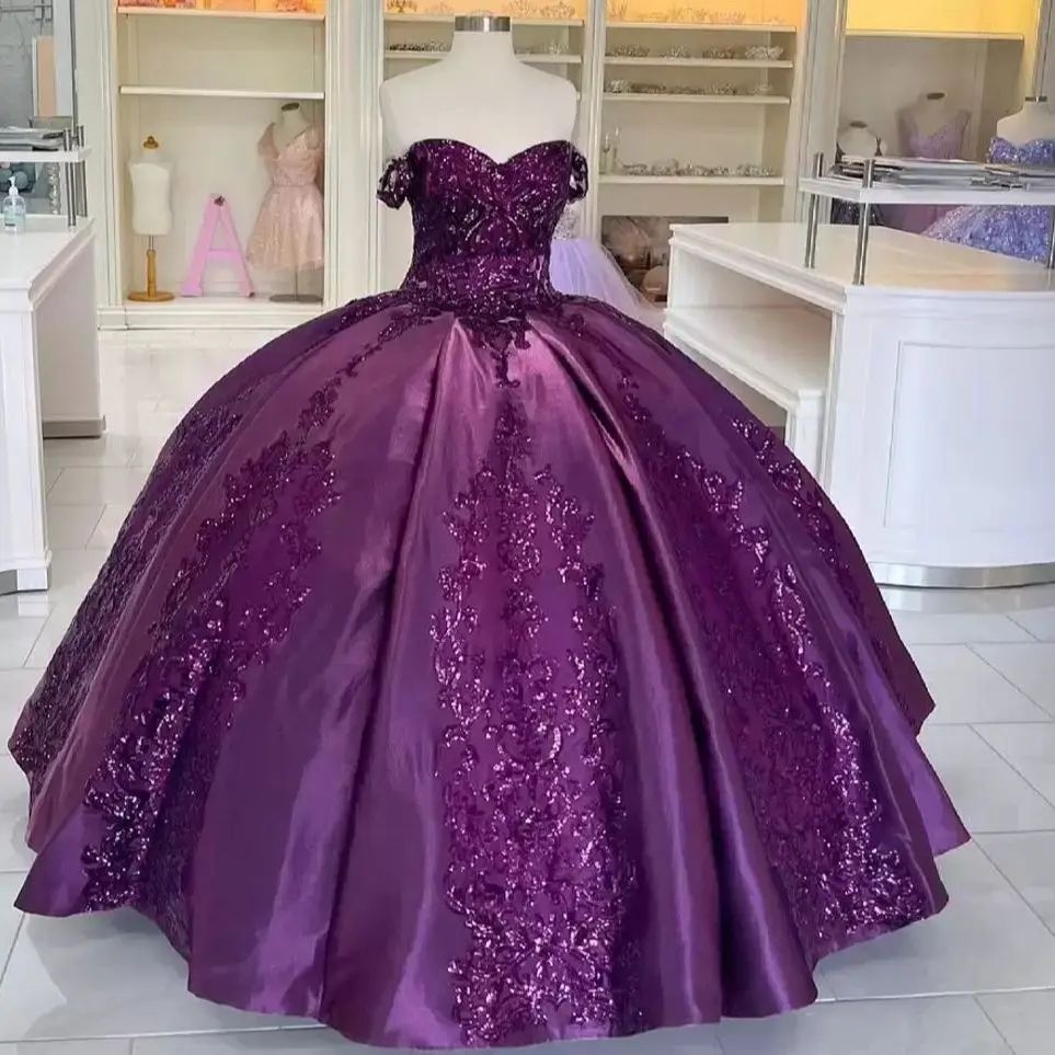 Robe de bal modeste à épaules dénudées et paillettes violettes, robe d'anniversaire, robe de soirée formelle, longue, pour 16 ans, B589