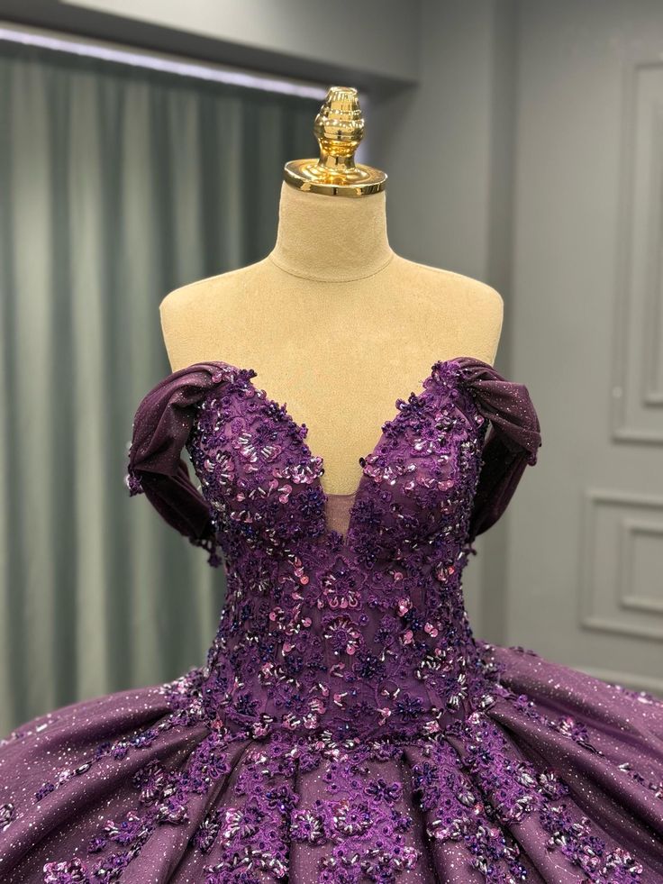 Robe de bal modeste en dentelle à paillettes violettes, épaules dénudées, robe de soirée formelle, robe longue pour 16 ans, B592
