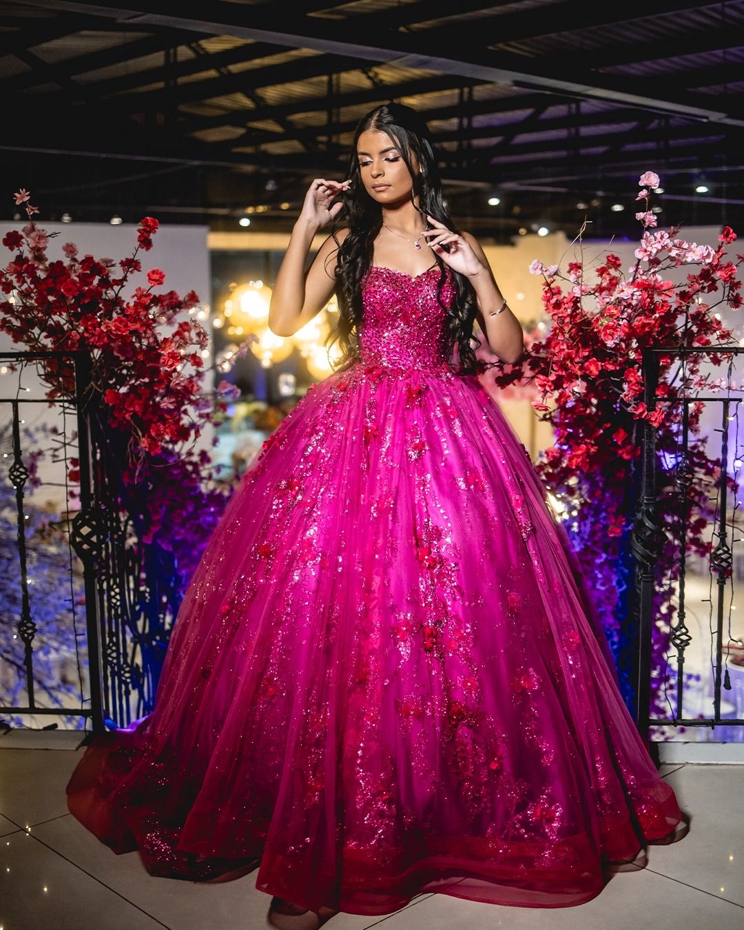 Charmante robe de bal en cœur à paillettes rose vif, robe de soirée d'inspiration princesse, robe de remise de diplôme B599