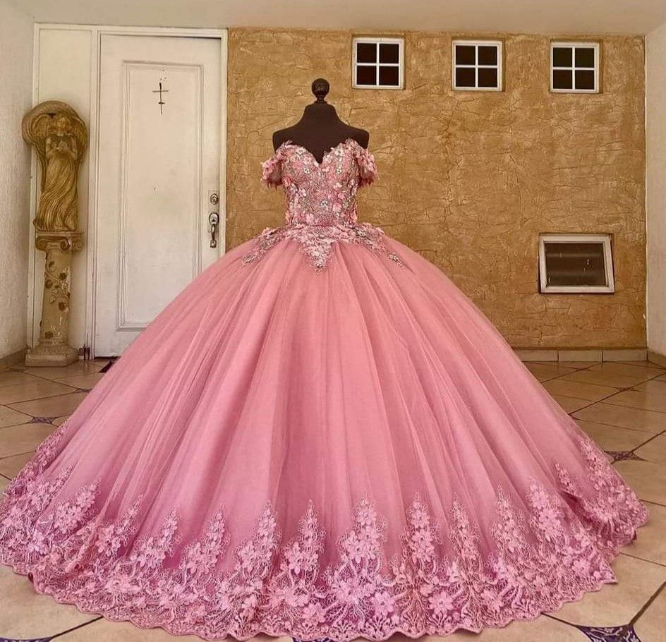 Süße Quinceanera Kleider Ballkleid aus der Schulter Rose Pink Tüll Applikationen Geburtstagskleider Vestidos de 15 Anos Formale Party Langes Sweet 16 Kleid B613