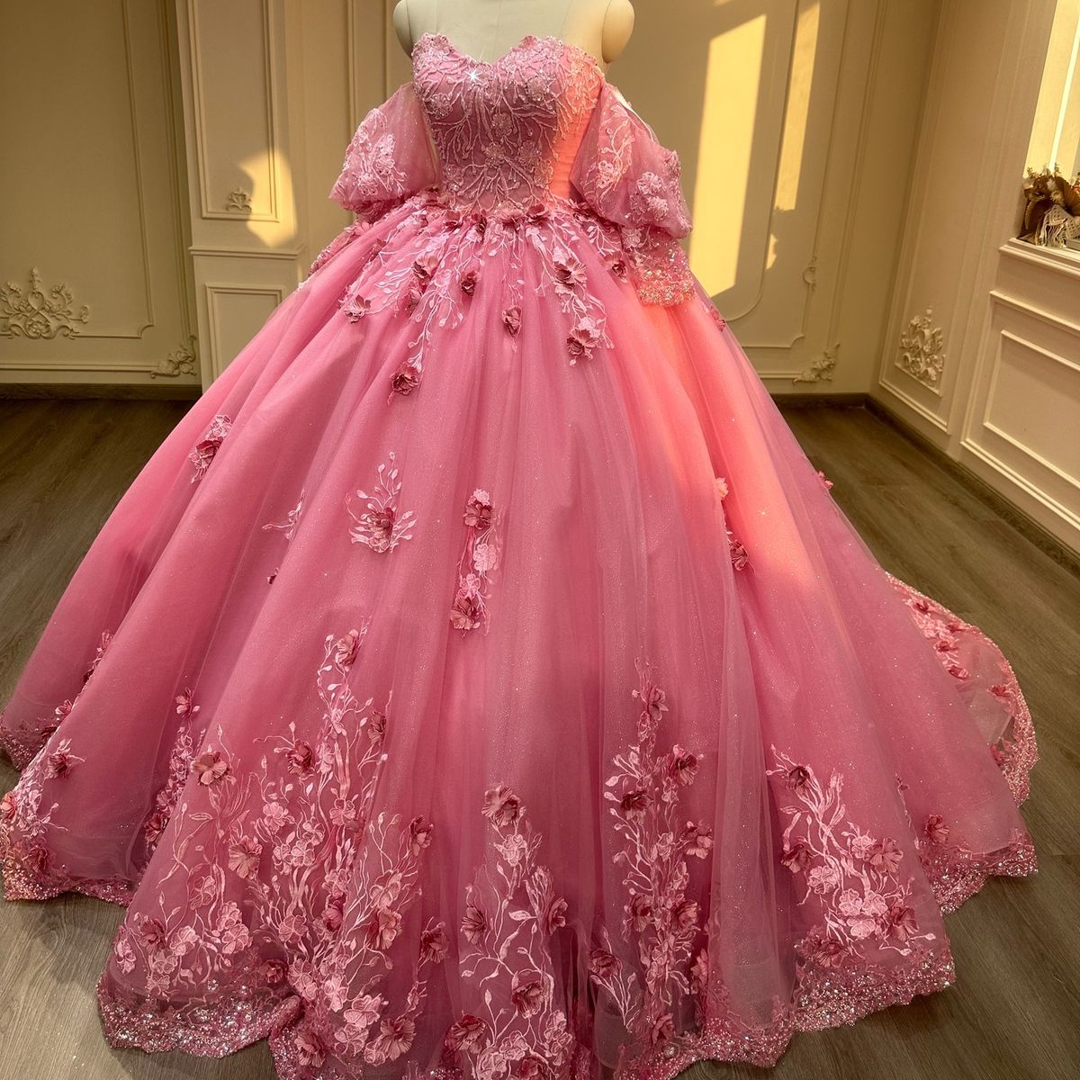 Jolies robes de Quinceanera, robe de bal, épaules dénudées, en tulle rose, avec appliques, pour 20e anniversaire, robe de soirée formelle, longue, B618