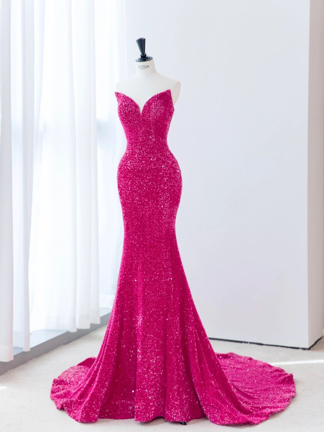 Elegantes Meerjungfrau-Abendkleid mit Herzausschnitt, ärmellos, lang, bodenlang, Pink, Inspiration, Ballkleider B62