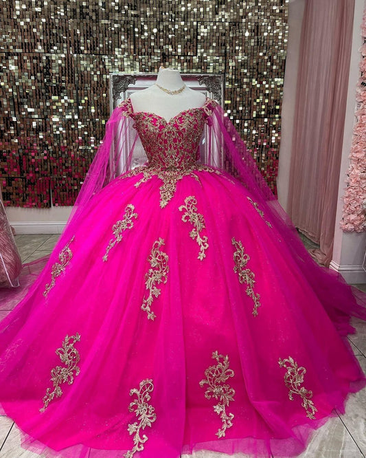 Cute Quinceanera Dresses Ball Gown Off The Shoulder Hot Pink Tulle Appliques 20th Birthday Gowns Vestidos De 15 Anos Formal Party Long Sweet 16 Dress B624