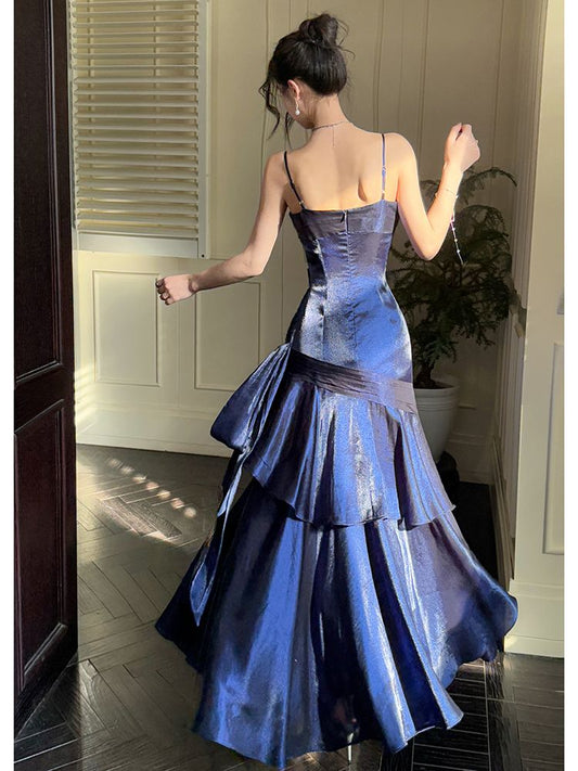 Vintage Mermaid Spaghetti Straps Navy Blue Long 1950s Retro Classy Prom Dresses Party Dress 21st Birthday Outfits Graduation Dress B636