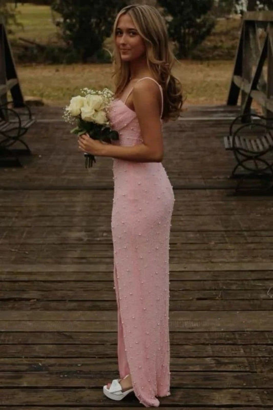 Robe de bal longue fendue rose à bretelles spaghetti et paillettes, style sirène, tenue de soirée pour 21e anniversaire, robe de remise de diplôme, B680